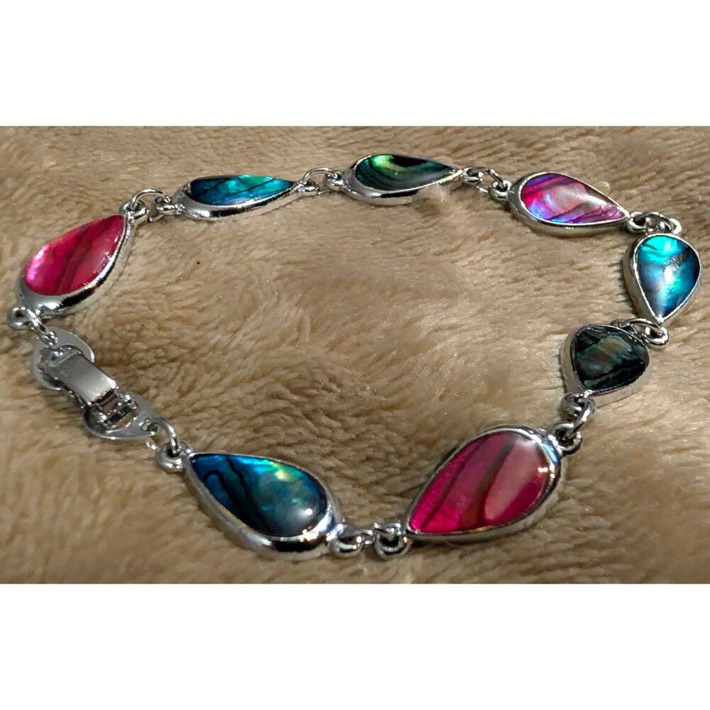 VTG Abalone Sterling Silver Plated S-80 Bracelet Box Clasp 8" Paua Pink‎ Green